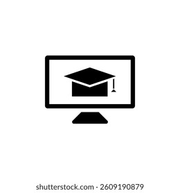 Computer Monitor and Graduation Cap, Online Learning Solid Flat Vector Icon Isolated on White Background.