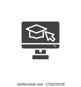 Computer monitor with graduation cap vector icon. filled flat sign for mobile concept and web design. Online learning, e-learning glyph icon. Symbol, logo illustration. Vector graphics