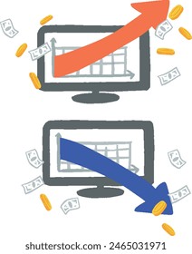  Computer monitor and graph Ascent and Descent Hand Drawn Illustration Set