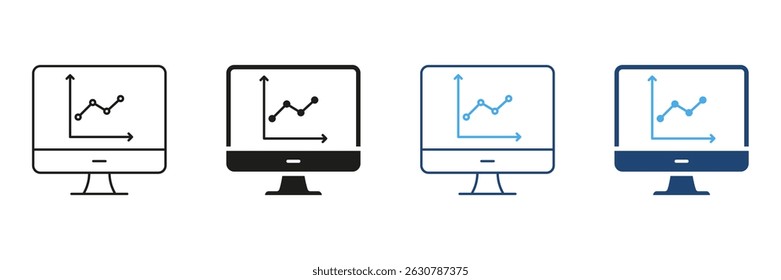 Computer Monitor With Graph Line And Solid Icon Set. Data Analysis, Business Analytics, Performance Tracking Symbol Collection. Financial And Statistical Visualization. Isolated Vector Illustration.