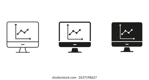 Computer Monitor With Graph Line And Solid Icon Set. Data Analysis, Business Analytics, And Performance Tracking Symbol Collection. Financial Growth And Market Trends. Isolated Vector Illustration.