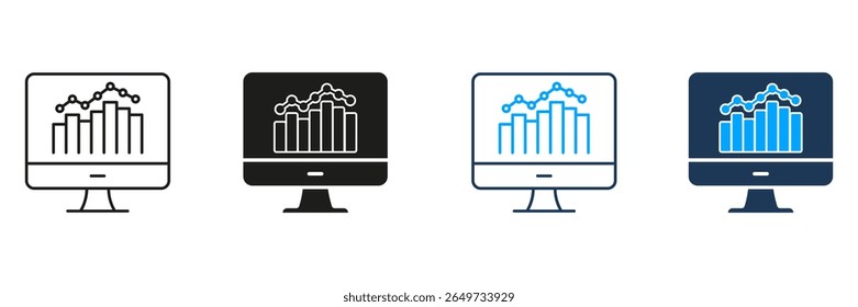Computer Monitor With Graph Line And Solid Icon Set. Data Analysis, Business Analytics, Performance Tracking Symbol Collection. Visual Representation Of Statistics. Isolated Vector Illustration.