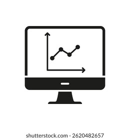 Computer Monitor With Graph Solid Icon. Data Analysis, Business Growth, And Performance Tracking Silhouette Symbol. Financial Insights And Analytics. Isolated Vector Illustration.