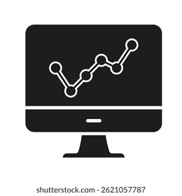 Computer Monitor With Graph Solid Icon. Data Analysis, Business Growth, And Performance Tracking Silhouette Symbol. Financial Insights And Analytics. Isolated Vector Illustration.