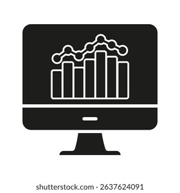Computer Monitor With Graph Solid Icon. Data Analysis, Business Analytics, And Performance Tracking Silhouette Symbol. Financial Insights And Reporting. Isolated Vector Illustration.