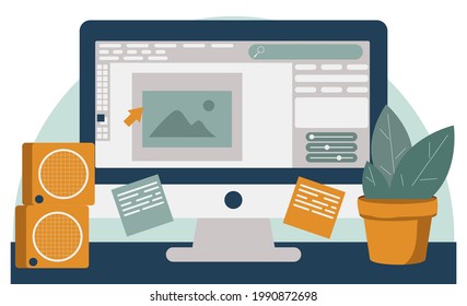 Computer and monitor of graphic animator creating video game, modeling motion, processing video file, using professional editor. Vector illustration for graphic design, art, designer workplace concept