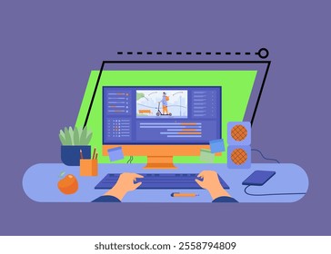 Computer and monitor of graphic animator creating video game, modeling motion, processing video file, using professional editor. Vector illustration for graphic design, art, designer workplace concept