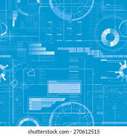 Computer monitor graphics with numbers, diagrams and scales in blue tints
