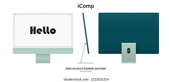 computer monitor green color with blank screen saver front, back and side view isolated on white background. realistic and detailed mockup of display for system unit. stock vector illustration