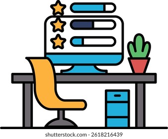 A computer monitor with a green plant in a red pot on a desk. The monitor has a star icon on it and a progress bar. The desk is set up for work and productivity