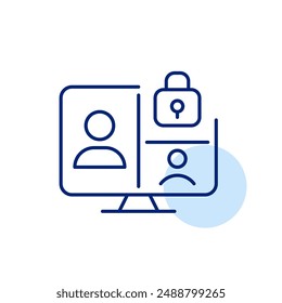 Computer monitor, group call and lock. Protected conference video meeting. Pixel perfect, editable stroke icon