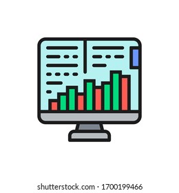 Computer monitor with growth graphs, stock market, finance trade flat color icon