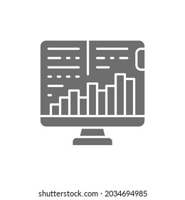 Computer monitor with growth graphs, stock market, finance trade grey icon.