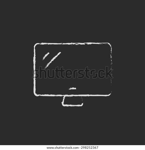 Computer monitor hand drawn in chalk on\
a blackboard vector white icon on a black\
background