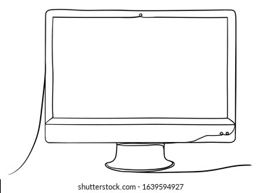 Computer Monitor Hand Drawn Continuous Line Art Vector Illustration. Isolated on White Background.