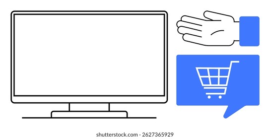 Computer monitor, hand gesturing, blue chat bubble with cart icon. Ideal for ecommerce, online shopping, digital marketing, retail promotion, customer service, commerce technology. Line metaphor