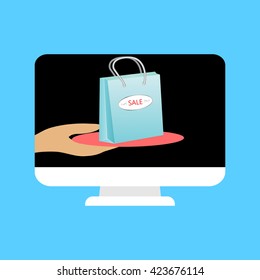 Computer monitor with hand holding a tray with the package. The concept of online shopping. Vector illustration  for websites, booklets