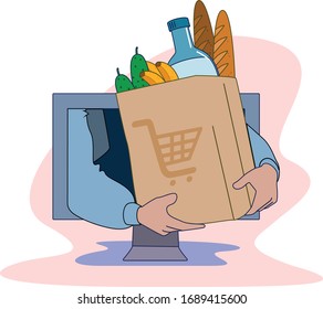 From a computer monitor, hands hold out a grocery bag. Online product delivery.