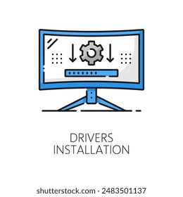 Computer monitor hardware software driver installation line color icon. Digital technology hardware, computer system drivers or server software linear vector symbol with PC monitor or screen