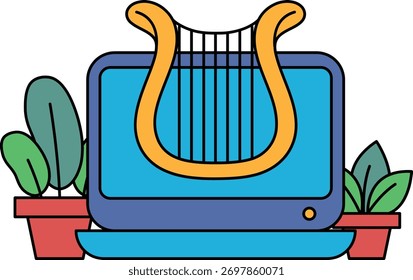 Um monitor de computador com uma harpa em cima dele. A harpa é laranja e azul