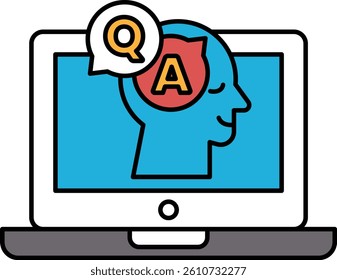 A computer monitor with a head and the letters A and Q on it. The head is smiling and the letters are red