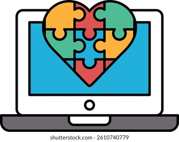 A computer monitor with a heart made of puzzle pieces. The puzzle pieces are in different colors and sizes, and the heart is in the center of the screen