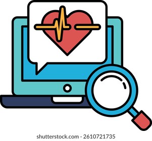 A computer monitor with a heart and a magnifying glass on it. The heart is red and the magnifying glass is blue