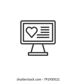 Computer monitor with heart text on screen line icon, outline vector sign, linear style pictogram isolated on white. Symbol, logo illustration. Editable stroke