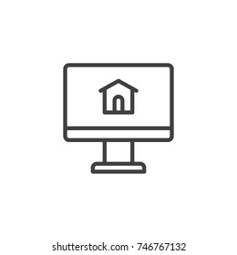 Computer monitor with house line icon, outline vector sign, linear style pictogram isolated on white. Real estate website symbol, logo illustration. Editable stroke
