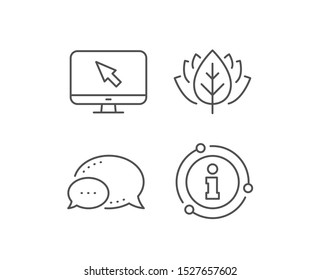 Computer or Monitor icon. Chat bubble, info sign elements. Mouse cursor sign. Personal computer symbol. Linear internet outline icon. Information bubble. Vector