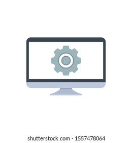 Computer monitor icon. Cog sign, development, settings, repair symbol. Flat icon