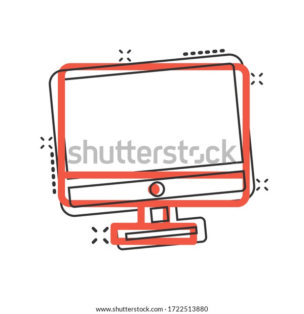 Computer monitor icon in comic style. Tv display\
cartoon vector illustration on isolated background. Monitor\
pictogram splash effect business\
concept.
