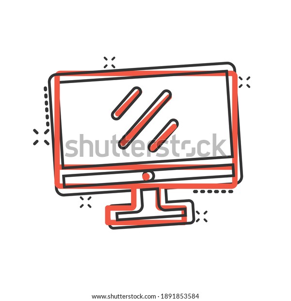 Computer monitor icon in comic style. Tv display\
cartoon vector illustration on isolated background. Monitor\
pictogram splash effect business\
concept.