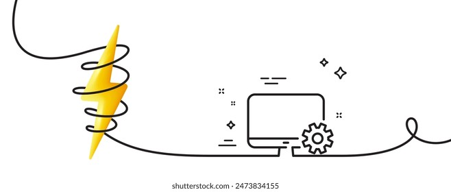 Icono de Equipo o Monitor. Una línea continua con rizo. Señal de Service Cogwheel. Símbolo de ordenador personal. Supervisar Configuraciones con una cinta de contorno simple. Curva de bucle con energía. Vector