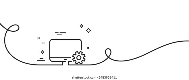 Computer or Monitor icon. Continuous one line with curl. Service Cogwheel sign. Personal computer symbol. Monitor settings single outline ribbon. Loop curve pattern. Vector