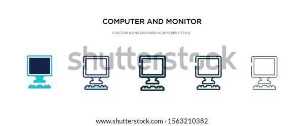 computer and monitor icon in different style\
vector illustration. two colored and black computer and monitor\
vector icons designed in filled, outline, line stroke style can be\
used for web, mobile,