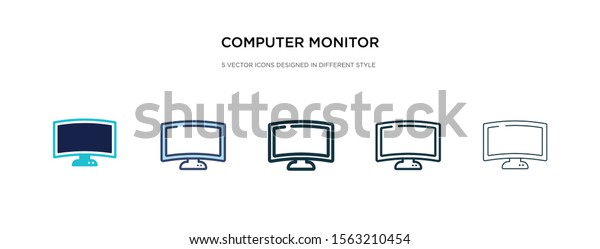 computer monitor icon in different style vector\
illustration. two colored and black computer monitor vector icons\
designed in filled, outline, line and stroke style can be used for\
web, mobile, ui