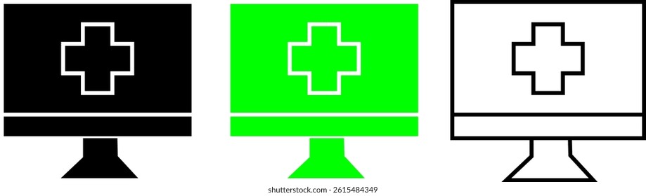 Computer Monitor Icon Displaying Medical Cross for Digital Health Services – Transparent Background.