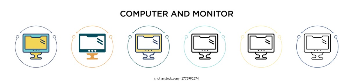 Computer and monitor icon in filled, thin line, outline and stroke style. Vector illustration of two colored and black computer and monitor vector icons designs can be used for mobile, ui, web