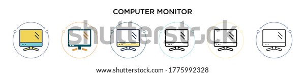Computer monitor\
icon in filled, thin line, outline and stroke style. Vector\
illustration of two colored and black computer monitor vector icons\
designs can be used for mobile, ui,\
web