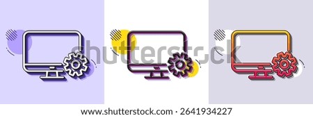 Computer or Monitor icon. Halftone dotted pattern. Gradient icon with grain shadow. Service Cogwheel sign. Personal computer symbol. Line monitor settings icon. Various designs. Vector