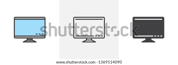 Computer monitor icon. Line, glyph and filled\
outline colorful version, Desktop screen outline and filled vector\
sign. Symbol, logo illustration. Different style icons set. Vector\
graphics