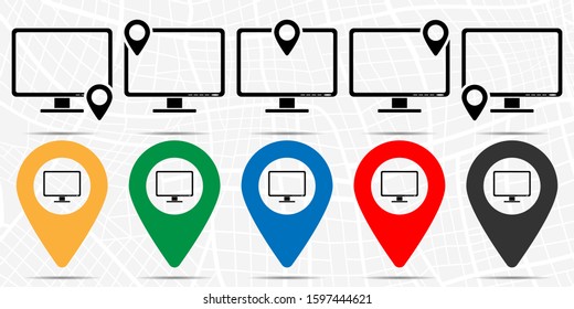 Computer monitor icon in location set. Simple glyph, flat illustration element of technology theme icons