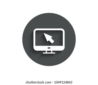 Computer or Monitor icon. Mouse cursor sign. Personal computer symbol. Circle flat button with shadow. Vector