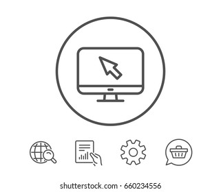 Computer Or Monitor Icon. Mouse Cursor Sign. Personal Computer Symbol. Hold Report, Service And Global Search Line Signs. Shopping Cart Icon. Editable Stroke. Vector