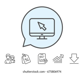 Computer Or Monitor Icon. Mouse Cursor Sign. Personal Computer Symbol. Report, Sale Coupons And Chart Line Signs. Download, Group Icons. Editable Stroke. Vector