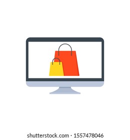 Computer monitor icon. Online shopping, shopping bag, internet marketing. Flat icon