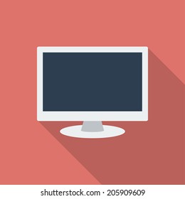 Computer Monitor Icon. PC Desktop Display Symbol. Modern Flat Style With A Long Shadow