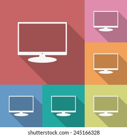 Computer Monitor icon. PC desktop display symbol. Flat style. Long shadow