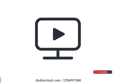 Computer Monitor Icon with Play Icon inside isolated on White Background. Flat Line Icon Design Template Element.